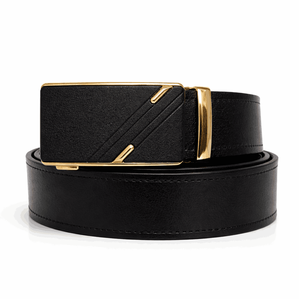 Elegant black leather belt with gold buckle_11zon کمربند تمام چرم ریلی مدل باتیس